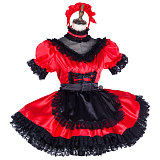 Handmade Lockable Red & Black Sissy Maid Dress – Satin Crossdressing Outfit [G1994]