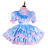 Handmade Lockable Blue & Pink Sissy Maid Dress – Satin Crossdressing Outfit [G1992]