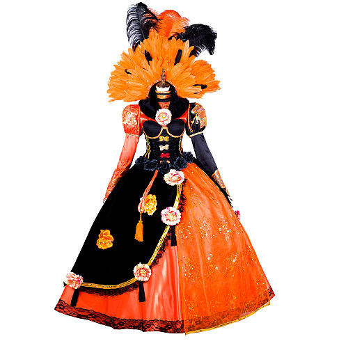 Handmade Satin Venetian Carnival Medieval Gown in Black and Orange with Feather Headpiece [G1879]