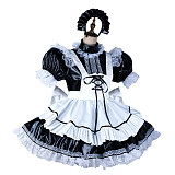 Lockable Handmade Black & White Thin PVC Sissy Maid Dress – Shiny Crossdressing Outfit [G2127]