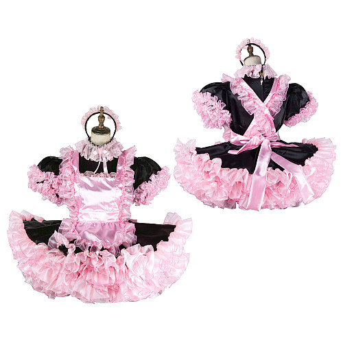 Handmade Sissy Maid Dress – Lockable Black & Pink Satin French Maid Costume with Optional Petticoat [G2045]