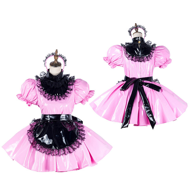 Handmade Sissy Maid Dress – Lockable Pink & Black PVC French Maid Costume [G2042]