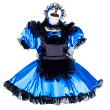 Handmade Sissy Maid Dress – Lockable Blue & Black Satin French Maid Costume [G2046]
