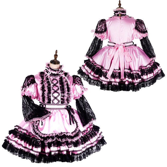 Fondcosplay Lockable Pink Satin & Black Lace Sissy Maid Crossdressing Dress [G2130]