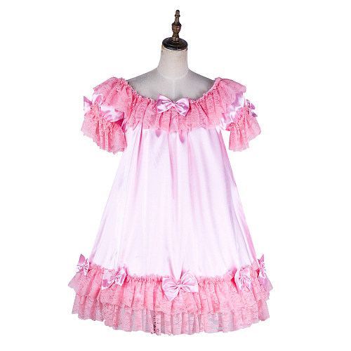 Handmade Sissy Satin Nightdress – Pink Satin Baby Doll Dress with Lace and Bonnet [G2054]
