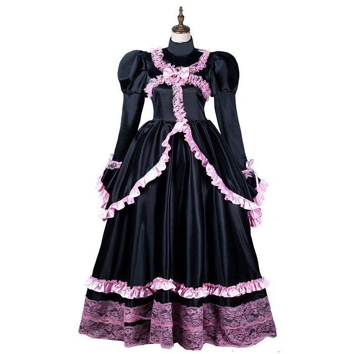 lockable satin dress Custom Made Black Satin Sissy Maid Dress Lockable High Neck Puff Sleeve Sissy Dress