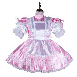Fondcosplay Lockable Pink Satin Sissy Maid Crossdressing Dress with White Lace Apron [G2145]