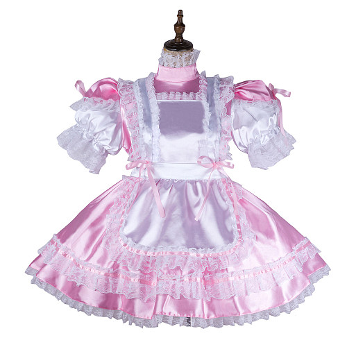 Fondcosplay Lockable Pink Satin Sissy Maid Crossdressing Dress with White Lace Apron [G2145]
