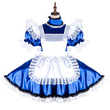 Fondcosplay Lockable Blue Satin French Sissy Maid Crossdressing Dress with White Apron [G2137]