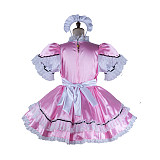 Fondcosplay Lockable Pink Satin Sissy Maid Crossdressing Dress with White Apron [G2159]
