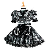 Handmade Sissy Maid Dress – Lockable Silver & Black Heavy PVC French Maid Costume [G2066]