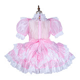 Fondcosplay Lockable Pink Organza Sissy Maid Crossdressing Dress with White Lace Ruffles [G2153]
