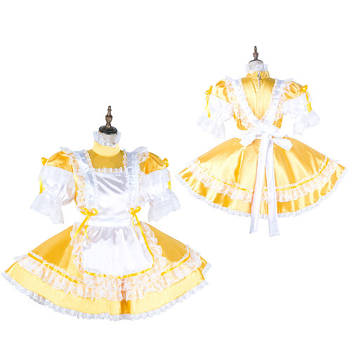 Handmade Sissy Maid Dress – Lockable Yellow Satin French Maid Costume [G2039]