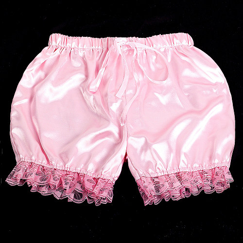 Handmade Sissy Satin Bloomers – Pink Satin Frilly Shorts with Lace Trim [G2057]