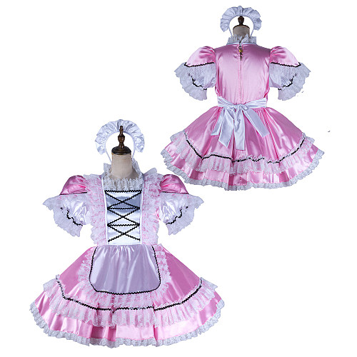 Fondcosplay Lockable Pink Satin Sissy Maid Crossdressing Dress with White Apron [G2159]