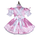 Fondcosplay Lockable Pink Satin Sissy Maid Crossdressing Dress with White Lace Apron [G2145]
