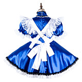 Fondcosplay Lockable Blue Satin French Sissy Maid Crossdressing Dress with White Apron [G2137]