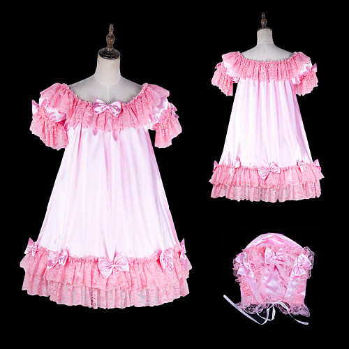 Handmade Sissy Satin Nightdress – Pink Satin Baby Doll Dress with Lace and Bonnet [G2054]