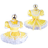 Handmade Sissy Maid Dress – Lockable Yellow & White Satin French Maid Costume with Optional Petticoat and Panties [G2053]