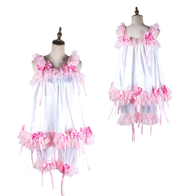 Handmade Sissy Satin Bloomers Set – White & Pink Satin Lingerie with Lace and Bows [G2055]