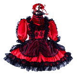 Fondcosplay Lockable Red Satin & Black Lace Sissy Maid Crossdressing Dress [G2131]