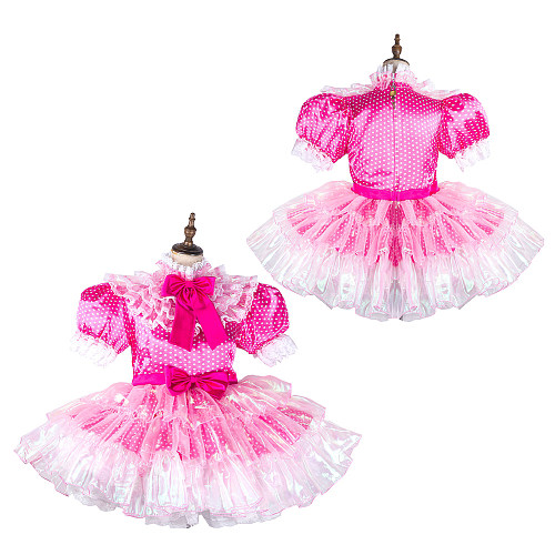 Lockable Handmade Pink Satin Polka Dot Sissy Maid Dress – Frilly Crossdressing Outfit [G2126]