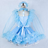 Handmade Sissy Maid Dress – Lockable Blue Satin & Organza French Maid Costume [G2044]