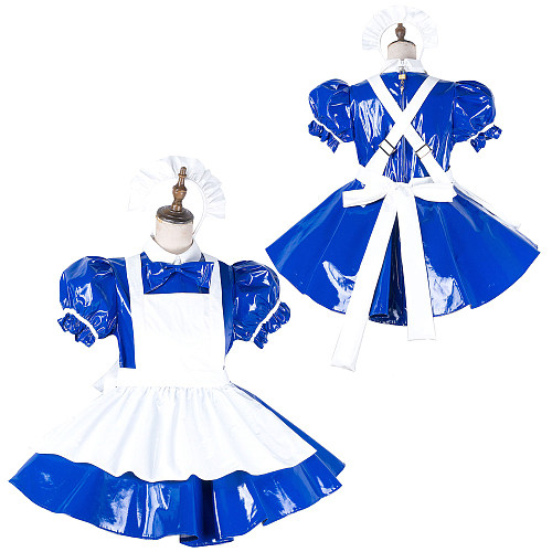 Fondcosplay Lockable Heavy PVC Blue Sissy Maid Crossdressing Dress with White Apron [G2140]
