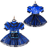 Fondcosplay Lockable Blue Thin PVC & Black Lace Sissy Maid Crossdressing Dress [G2142]