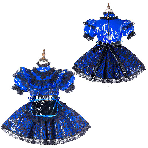 Fondcosplay Lockable Blue Thin PVC & Black Lace Sissy Maid Crossdressing Dress [G2142]