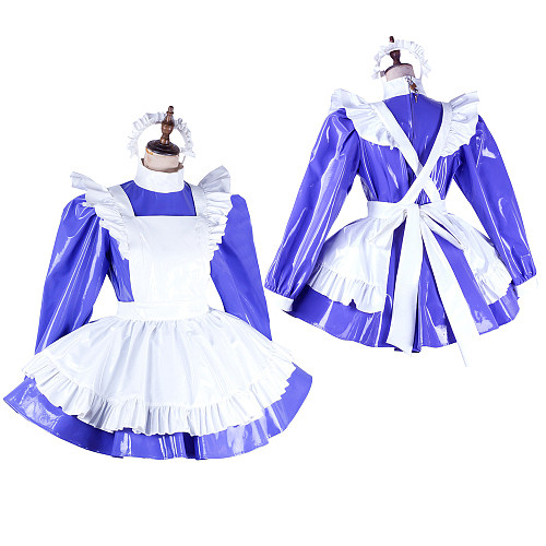 Handmade Sissy Maid Dress – Lockable Blue & White Heavy PVC French Maid Costume [G2049]