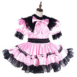 Fondcosplay Lockable Pink Satin & Black Lace Sissy Maid Crossdressing Dress [G2152]