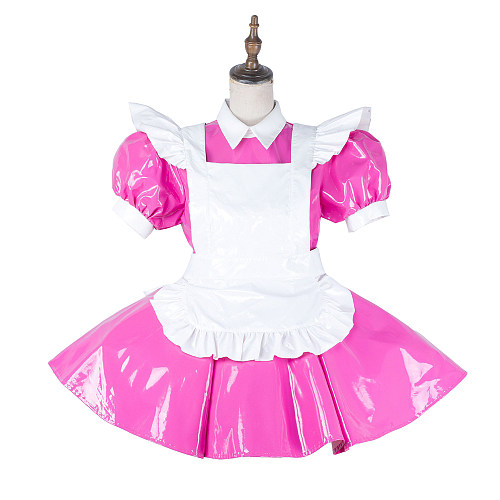 Fondcosplay Lockable Shiny Pink Thin PVC Sissy Maid Crossdressing Dress with White Apron [G2138]