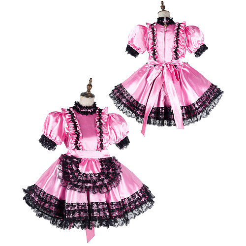 Fondcosplay Lockable Pink Satin & Black Lace Sissy Maid Crossdressing Dress [G2158]