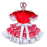 Handmade Sissy Maid Dress – Lockable Red & White Satin French Maid Costume [G2120]