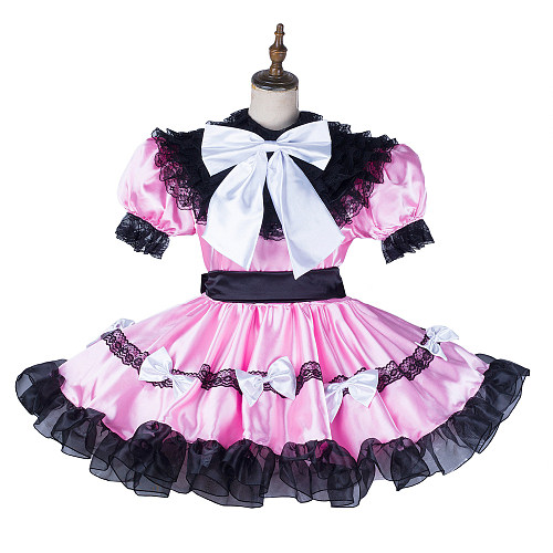 Handmade Sissy Maid Dress – Lockable Pink Satin with Black Lace & White Bows [G2124]