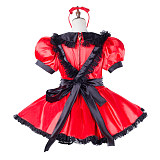 Handmade Sissy Maid Dress – Lockable Red & Black Satin French Maid Costume [G2047]
