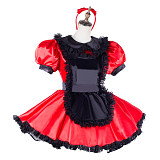 Handmade Sissy Maid Dress – Lockable Red & Black Satin French Maid Costume [G2047]