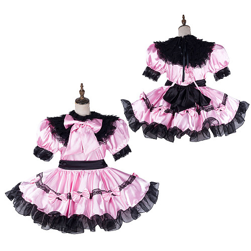 Fondcosplay Lockable Pink Satin & Black Lace Sissy Maid Crossdressing Dress [G2152]