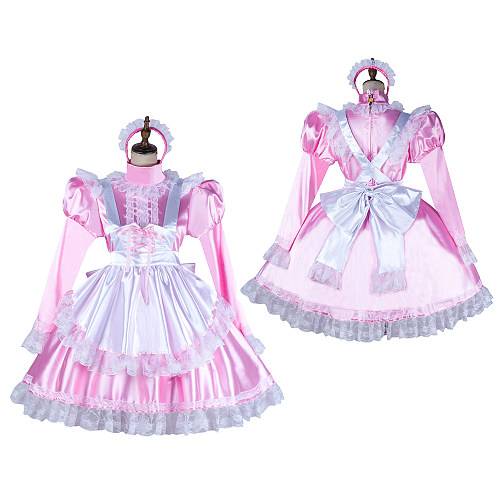 Handmade Sissy Maid Dress – Lockable Pink & White Satin French Maid Costume [G2052]