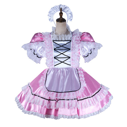 Fondcosplay Lockable Pink Satin Sissy Maid Crossdressing Dress with White Apron [G2159]