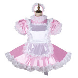 Fondcosplay Lockable Pink Satin Sissy Maid Crossdressing Dress with White Lace Apron [G2146]