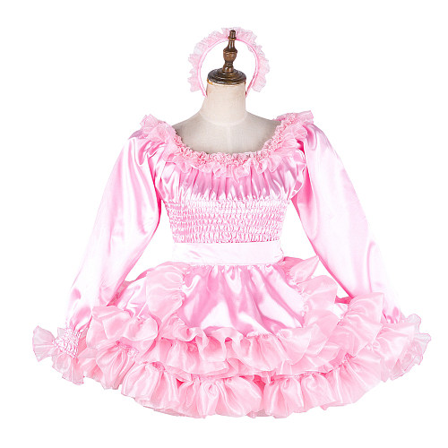 Handmade Sissy Maid Dress – Lockable Pink Satin French Maid Costume [G2041]