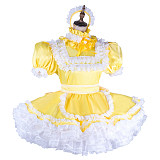 Handmade Sissy Maid Dress – Lockable Yellow & White Satin French Maid Costume with Optional Petticoat and Panties [G2053]