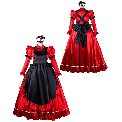 Fondcosplay Lockable Red Satin Long Sissy Maid Crossdressing Dress with Black Apron [G2156]