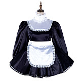Fondcosplay Lockable Black Satin French Sissy Maid Crossdressing Dress with White Apron [G2136]