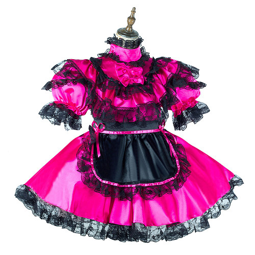 Fondcosplay Lockable Hot Pink Satin & Black Lace Sissy Maid Crossdressing Dress [G2147]