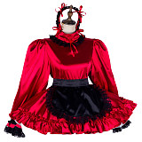 Lockable Red Satin Sissy Maid Dress with Black Apron [G2034]
