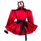Lockable Red Satin Sissy Maid Dress with Black Apron [G2034]