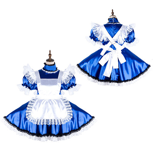 Fondcosplay Lockable Blue Satin French Sissy Maid Crossdressing Dress with White Apron [G2137]